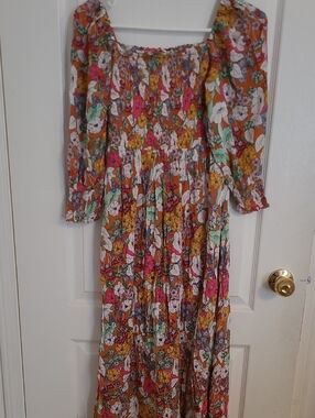 Melrose and Market Orange Floral Smocked Dress with Pink and Green Accents